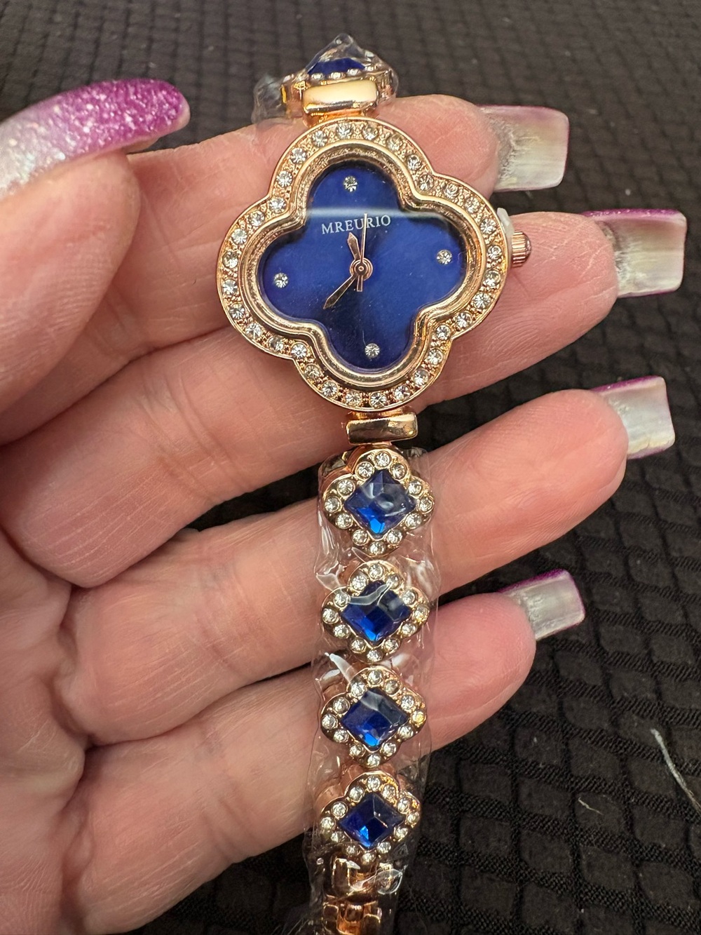 Watch-Royal Blue 4 Leaf Clover Rose Gold Watches, Diamond like Bracelet Slim Wat